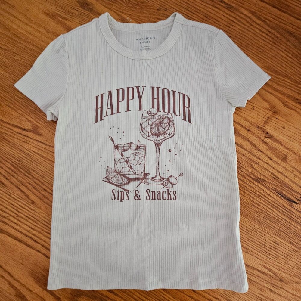 American Eagle Ribbed T-Shirt Juniors XS Cream Brown Happy Hour Graphic SS Tee